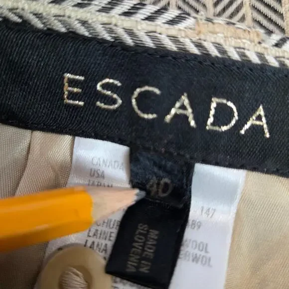 Escade Wool Silk Blend Skirt Sz 10 Tan Chevron Twill Slit Pockets Career Office